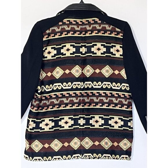 Zara Black Genuine Leather Aztec Southwestern Tapestry Boho Moto Zip Jacket - Picture 13 of 15